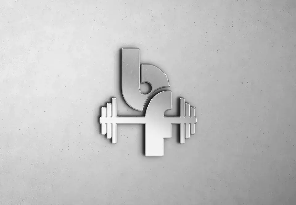 Industrial 3D metal wall signage mockup for BoltFit athletic branding