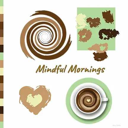 Logo symbol development and meditative swirl patterns for a coffee shop visual identity
