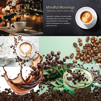 Mindful Mornings hospitality mood board exploring organic coffee textures and wellness branding