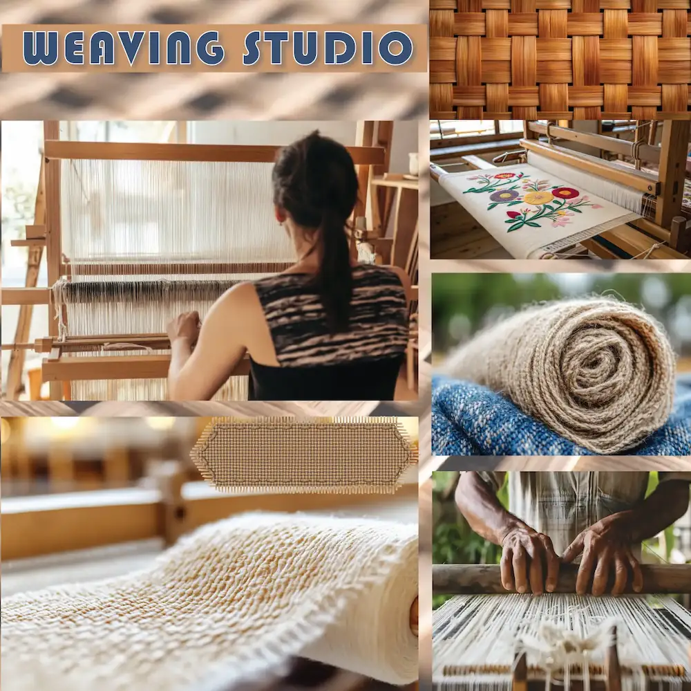 Heritage-inspired textile brand research mood board featuring hand woven textures