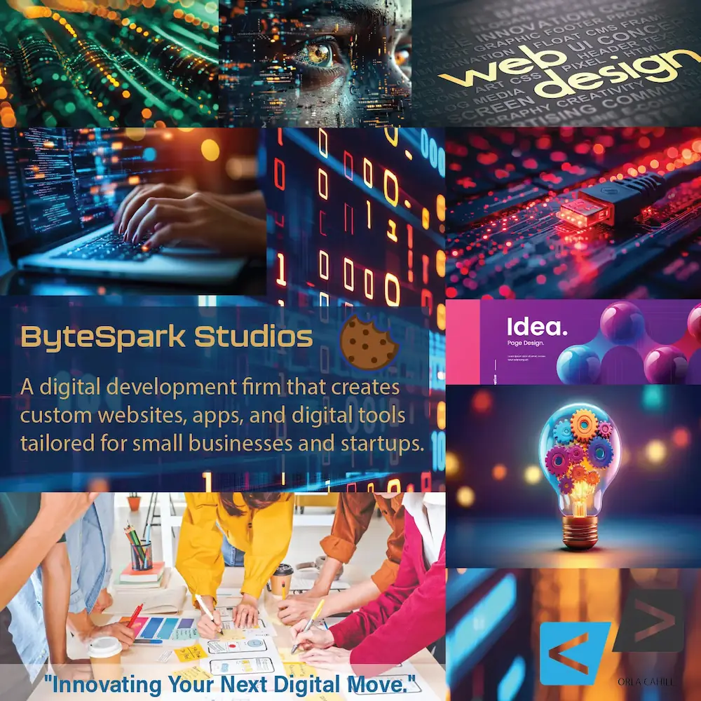 Technical research and digital innovation mood board for ByteSpark tech branding