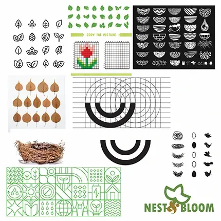 Nest and Bloom logo development showing geometric grid study and nature-inspired symmetry