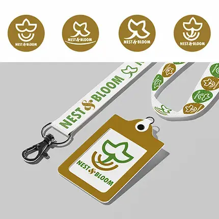 Corporate branding mockup showing Nest and Bloom logo on branded office lanyards