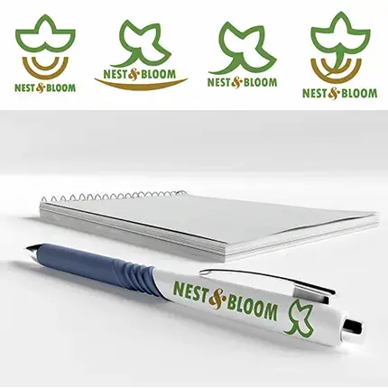Promotional stationery design featuring Nest and Bloom branding on professional pens
