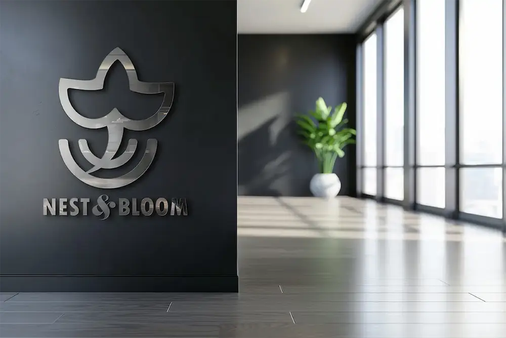 Corporate office signage and metallic wall logo mockup for Nest and Bloom