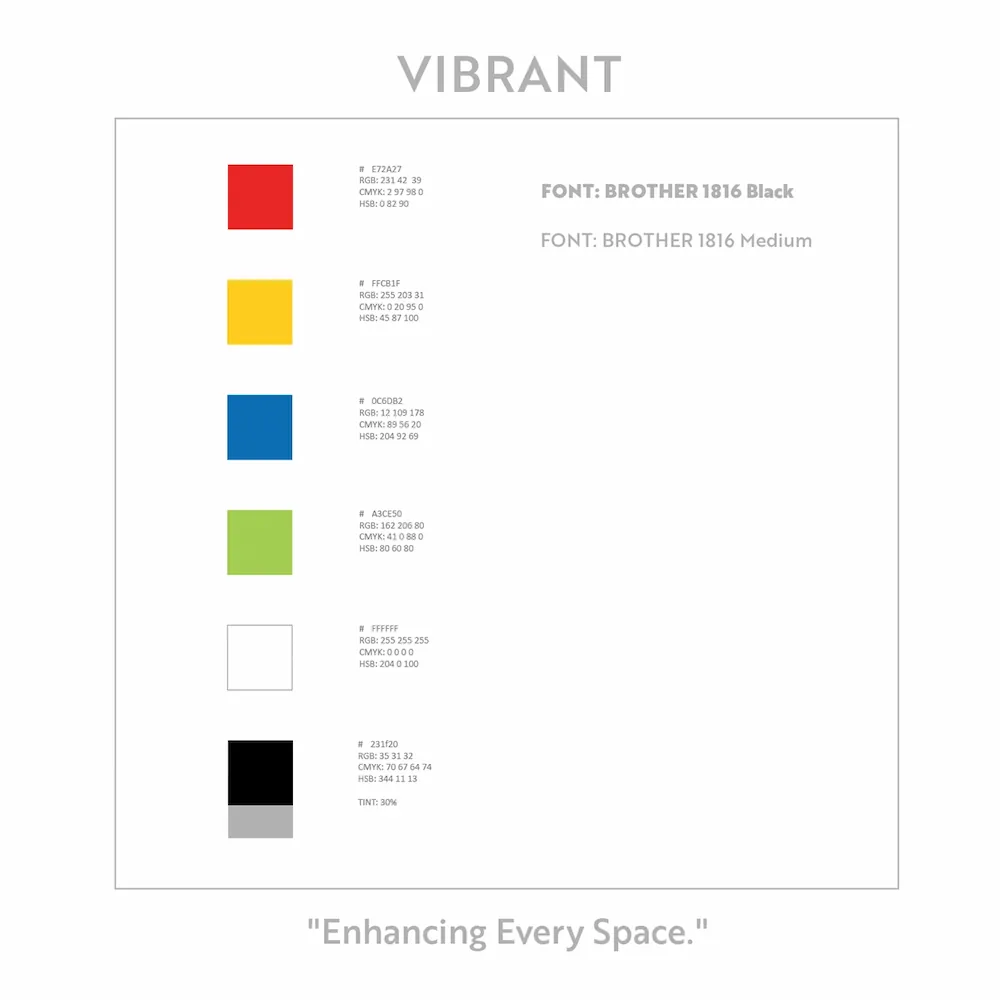 High-energy primary color palette for Vibrant Interiors corporate identity