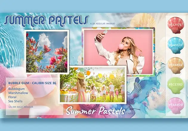 Fashion and interior design mood board for summer pastel color palettes