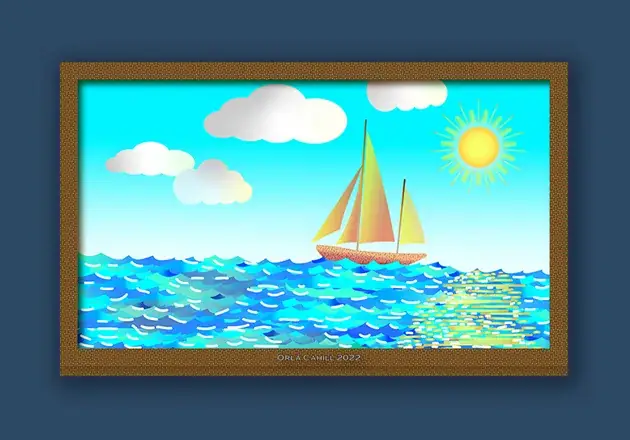 Vector art illustration of a sailboat at sea using flat design style