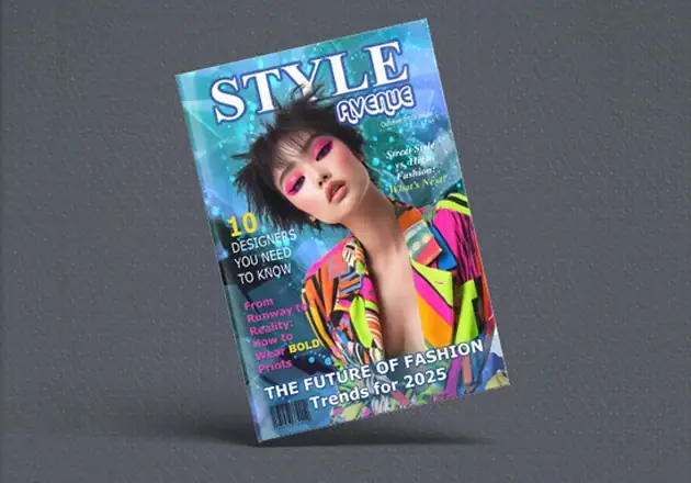 Fashion magazine cover mockup with bold typography and vibrant editorial styling
