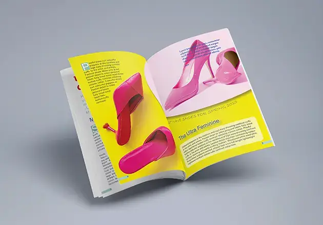Open magazine spread design featuring luxury footwear photography and vibrant layout