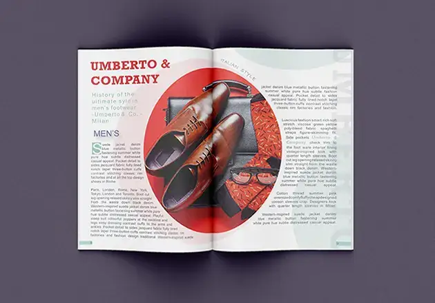 Editorial magazine layout with professional typography and product photography for footwear