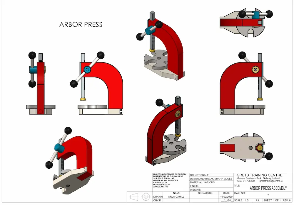 Mechanical Arbor Press assembly drawing with full bill of materials