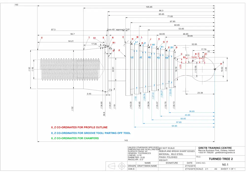 Engineering assembly drawing showing tree top and base fitment