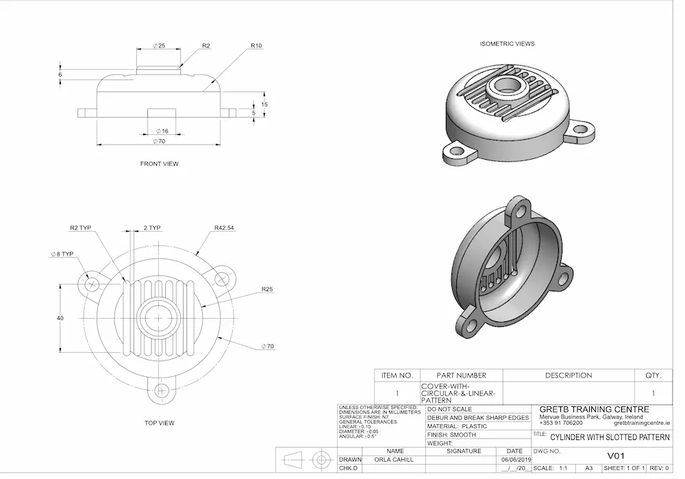 SolidWorks CAD part drawing of a cover with a slotted section