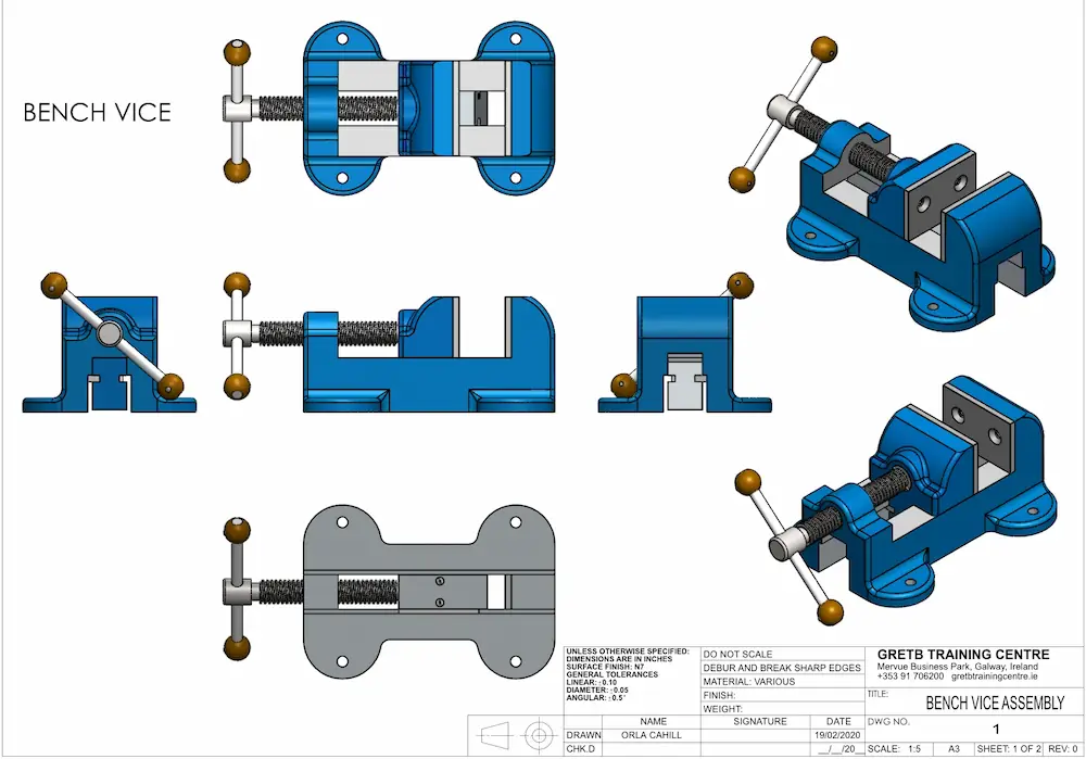 SolidWorks 3D model and assembly of a mechanical bench vice by Orla Cahill Galway