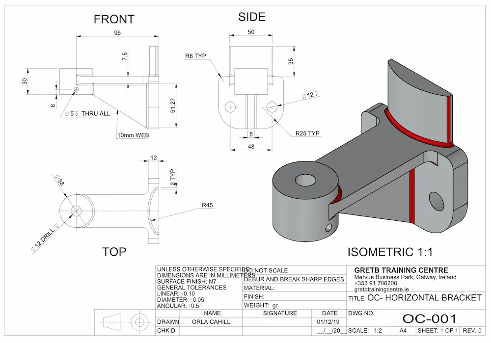 Horizontal pulley bracket engineering drawing and design specifications