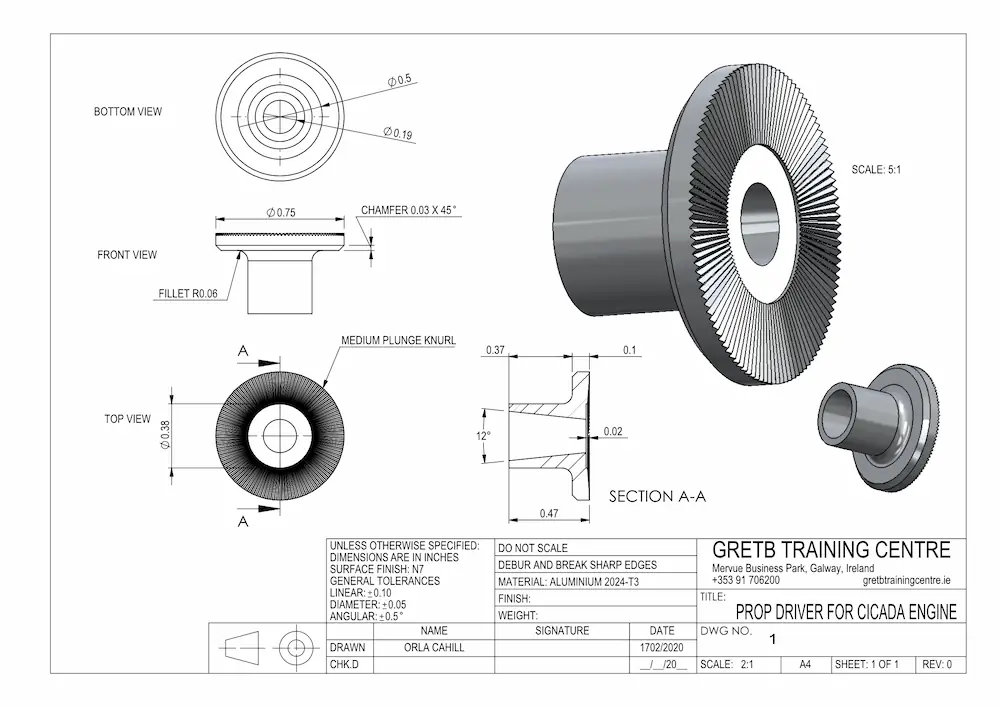 Prop Driver technical drawing for engine manufacturing and CNC