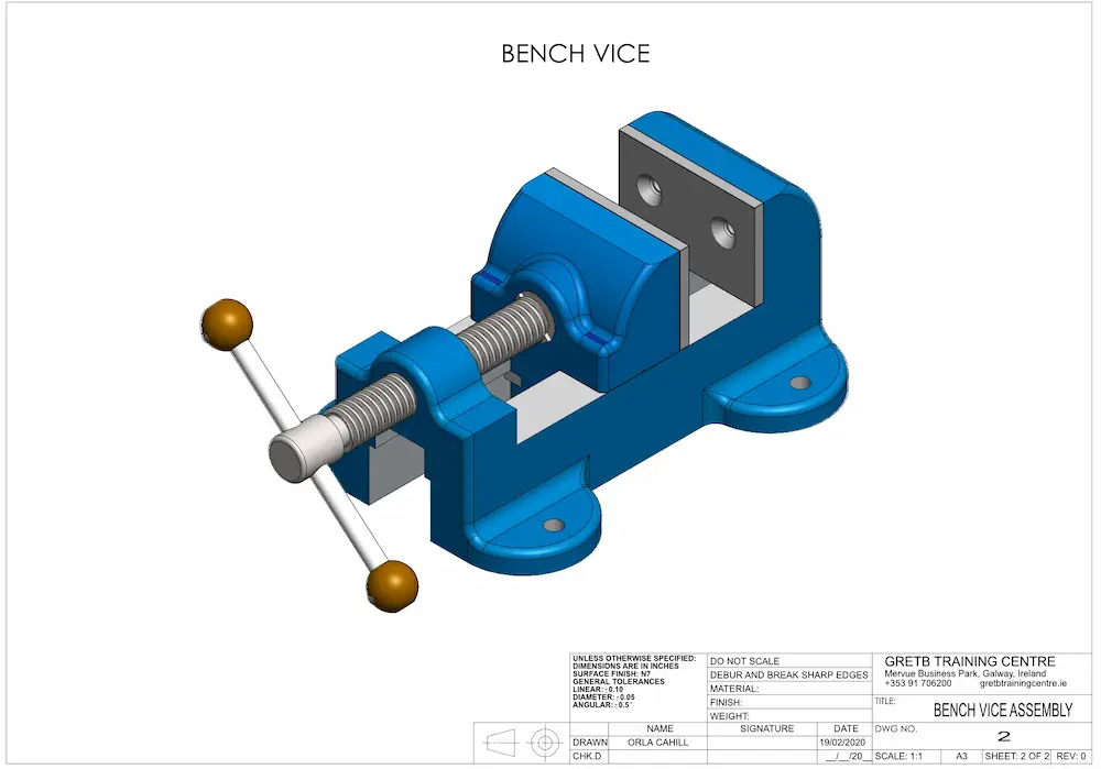 Detailed orthographic projection and assembly drawing of a bench vice