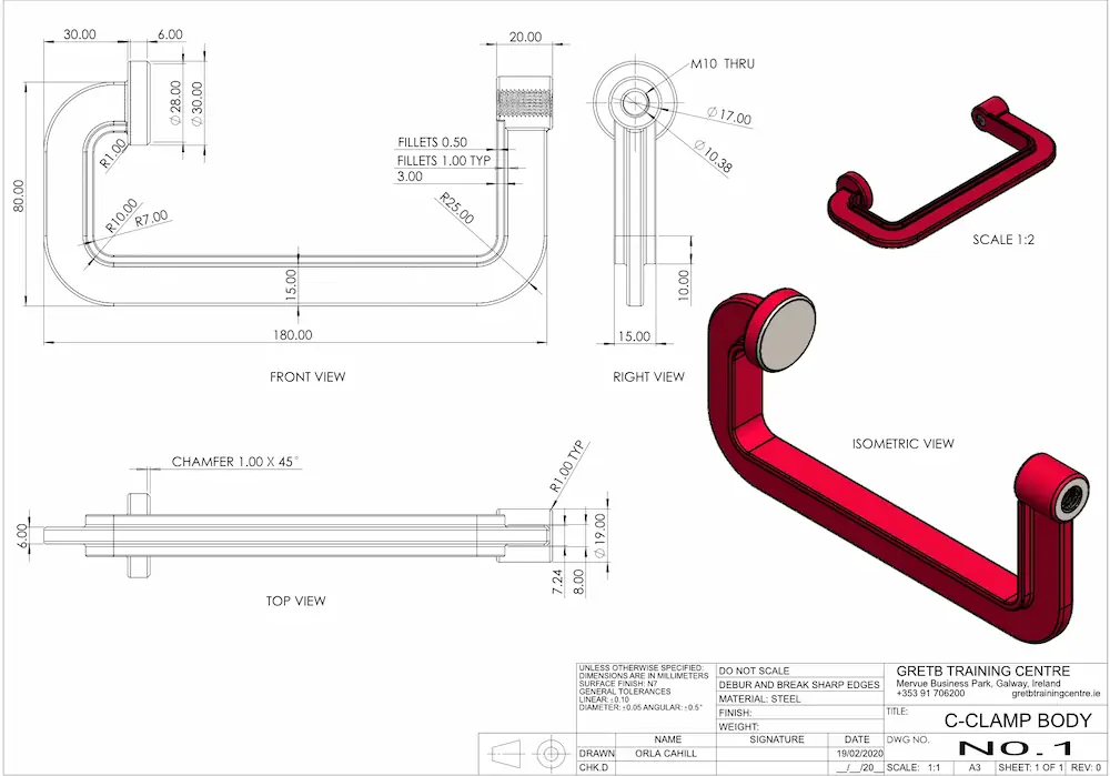 Technical part drawing and 3D CAD modelling of a C-Clamp body component