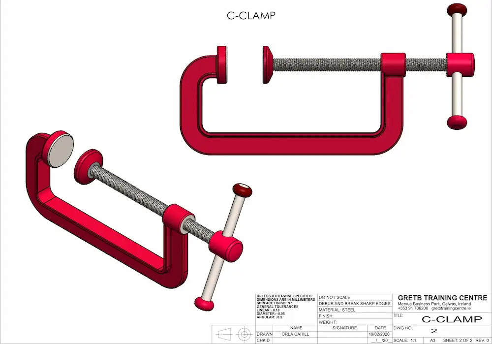 Full mechanical assembly and cross-section drawing of a C-Clamp