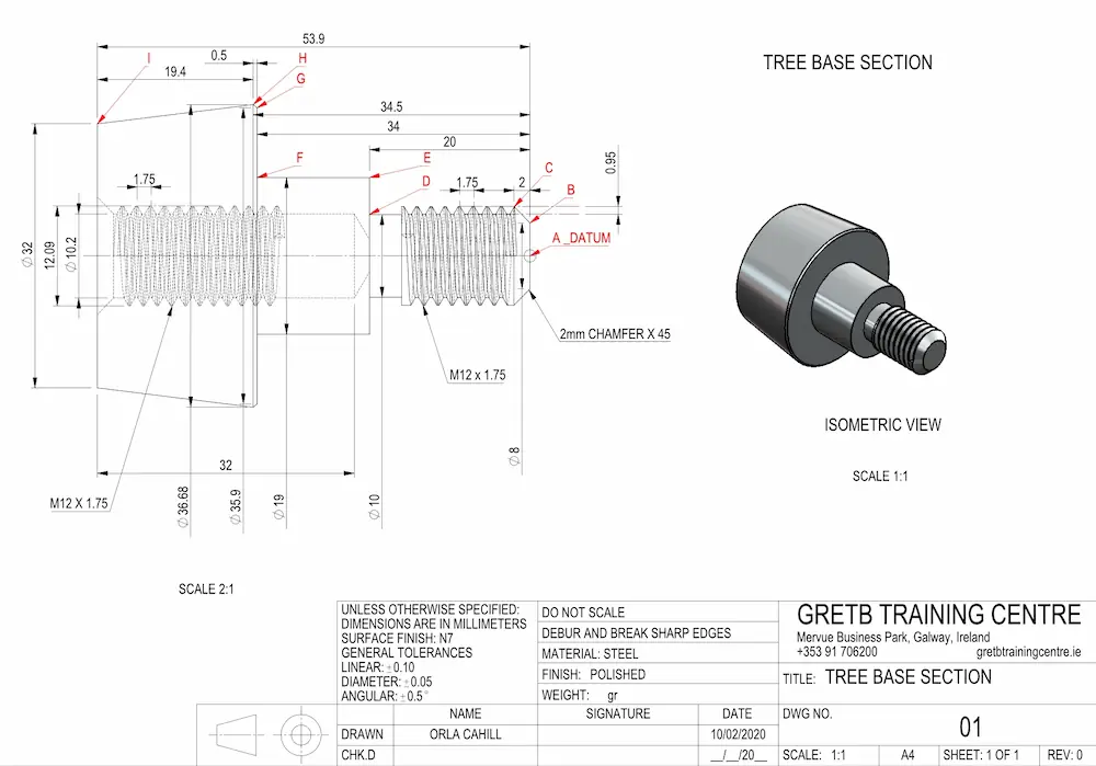 SolidWorks technical drawing for custom tree base prototype