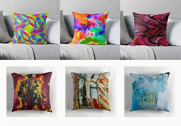 Collection of interior soft furnishings featuring Orio Studios surface designs